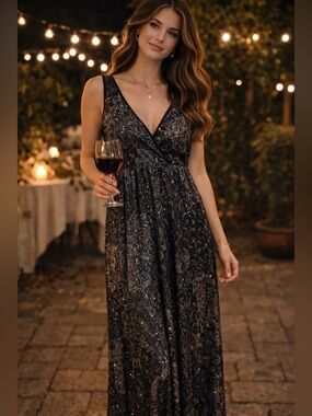 Y2K 90s Black & Grey Paisley Print Maxi Dress with Sequins Boho